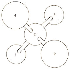 Рис. 3, Оптическая изомерия возникает в случае, если четыре различных радикала связаны с одним и тем же атомом углерода. Как видно из рисунка, образовавшиеся при этом две трехмерные (пространственные) структуры, зеркальные изображения друг друга (D, dextro и L, levo), не совмещаются. В белковые аминокислоты входят следующие радикалы, связанные с центральным атомом углерода: 1 - СООН; 2 - Н; 3 - NH2; 4 - любой из 20 различных боковых радикалов. Белковые аминокислоты имеют L-конфигурацию за исключением глицина, самой простой аминокислоты, у которой боковым радикалом является Н и зеркальные изображения неразличимы. (Данная схема иллюстрирует лишь возможность пространственного расположения атомных группировок вокруг углерода, а не реальные относительные размеры атомов и радикалов.)